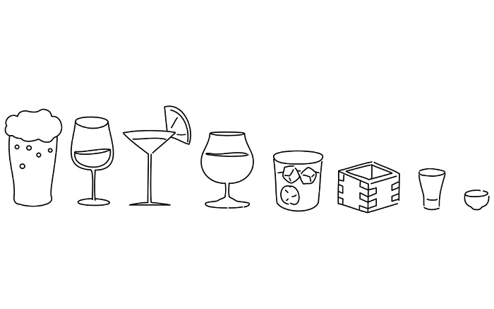 Sake to Western sake, cocktails, beer sets, simple line drawing illustrations