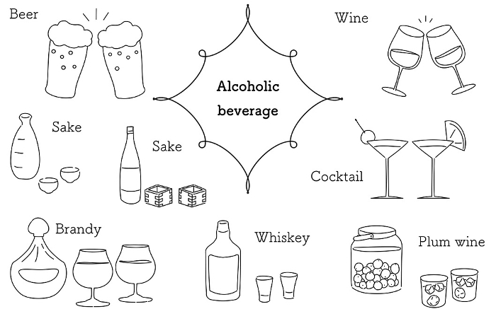 Sake to Western sake, cocktails, beer sets, simple line drawing illustrations