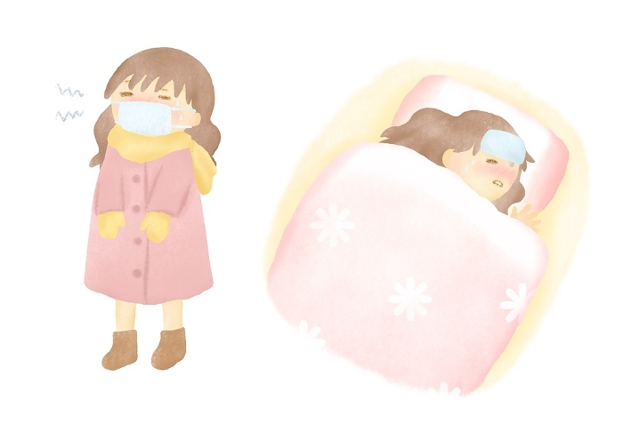Watercolor illustration of a girl falling asleep because of a cold