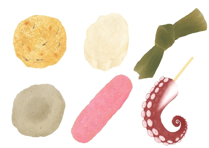 Watercolor illustration of various oden ingredients