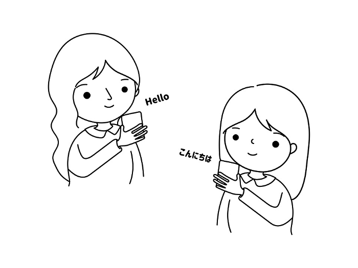 Line drawing illustration of a person translating on a smartphone