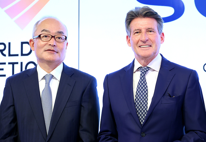 Sony agrees with World Athletics for sponsorship January 23, 2024, Tokyo, Japan   World Athletics president Sebastian Coe  R  smiles with Sony Group president Hiroki Totoki  L  as Sony agreed for sponsorship of the World Athletics series events from 2024 to 2026 at the Sony facility in Tokyo on Tuesday, January 23, 2024. The World Athletics Indoor Championships Glasgow will be held this March and World Athletics Championships Tokyo will be held in 2025.    photo by Yoshio Tsunoda AFLO 