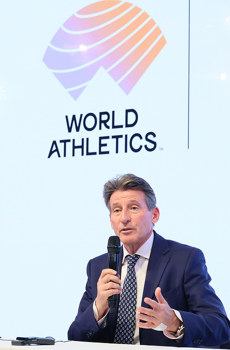 Sony agrees with World Athletics for sponsorship January 23, 2024, Tokyo, Japan   World Athletics president Sebastian Coe answers a question at a press conference as Sony agreed for sponsorship of the World Athletics series events from 2024 to 2026 at the Sony facility in Tokyo on Tuesday, January 23, 2024. The World Athletics Indoor Championships Glasgow will be held this March and World Athletics Championships Tokyo will be held in 2025.    photo by Yoshio Tsunoda AFLO 