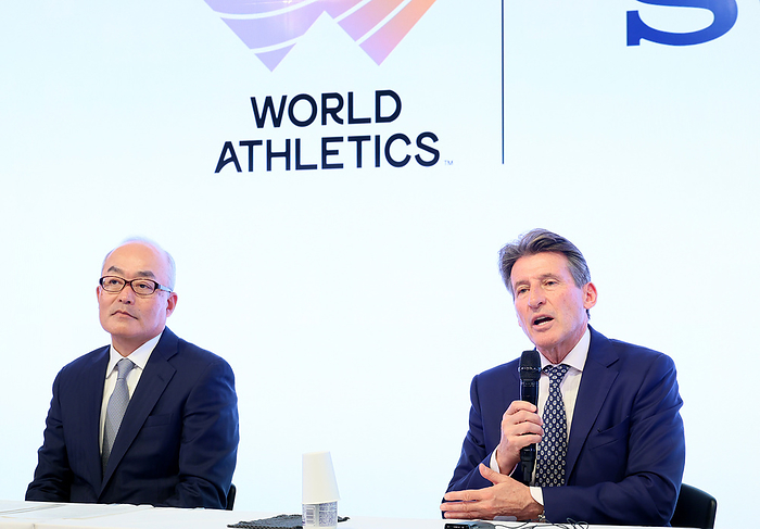 Sony agrees with World Athletics for sponsorship January 23, 2024, Tokyo, Japan   World Athletics president Sebastian Coe  R  and Sony Group president Hiroki Totoki  L  answer questions at a press conference as Sony agreed for sponsorship of the World Athletics series events from 2024 to 2026 at the Sony facility in Tokyo on Tuesday, January 23, 2024. The World Athletics Indoor Championships Glasgow will be held this March and World Athletics Championships Tokyo will be held in 2025.    photo by Yoshio Tsunoda AFLO 