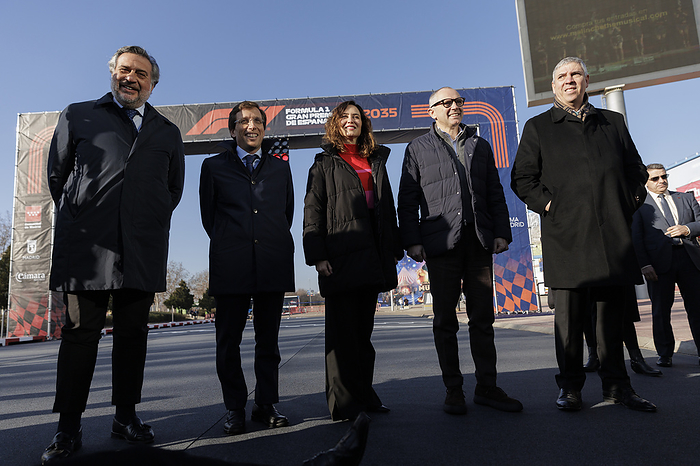  presentation of the Formula One grand prix in Madrid   MADRID, SPAIN   JANUARY 23: From left to right, Angel Asensio, president of the Madrid Chamber of Commerce,Jose Luis Martinez Almeida, mayor of Madrid,Isabel Diaz Ayuso, president of the Community of Madrid,Stefano Domenicali, president and CEO of Formula one and Vicente de los Mozos, president of IFEMA MADRID during presentation of the Formula One grand prix that will be held in Madrid starting in 2026   Photo by Guille Martinez AFLO 