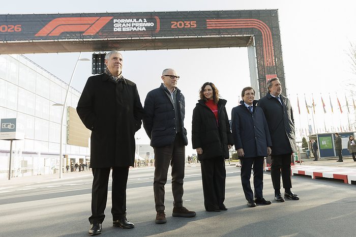  presentation of the Formula One grand prix in Madrid   MADRID, SPAIN   JANUARY 23:from left to right, Vicente de los Mozos president of IFEMA MADRID, president of the Community of Madrid Isabel Diaz Ayuso, Stefano Domenicali president and CEO of Formula one, Jose Luis Martinez Almeida mayor of Madrid and Angel Asensio president of the Madrid Chamber of Commerce during presentation of the Formula One grand prix that will be held in Madrid starting in 2026   Photo by Guille Martinez AFLO 