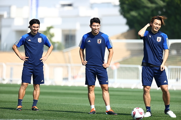 AFC Asian Cup Qatar 2023 Japan training session Japan s Takumi Minamino  L , Mao Hosoya  C  and Ayase Ueda during a training session in Doha, Qatar, January 23, 2024.  Photo by JFA AFLO 