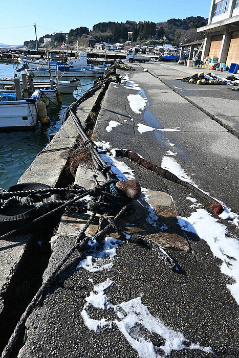 Major earthquake of intensity 7 in Noto area, Himi City, Toyama Prefecture Unami fishing port, which suffered damage from cracked concrete and steps, in Himi City, Toyama Prefecture, Japan.