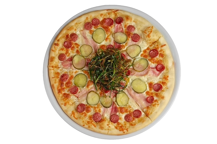 Top view of pizza with sausage, ham and bacon decorated with fried green onion