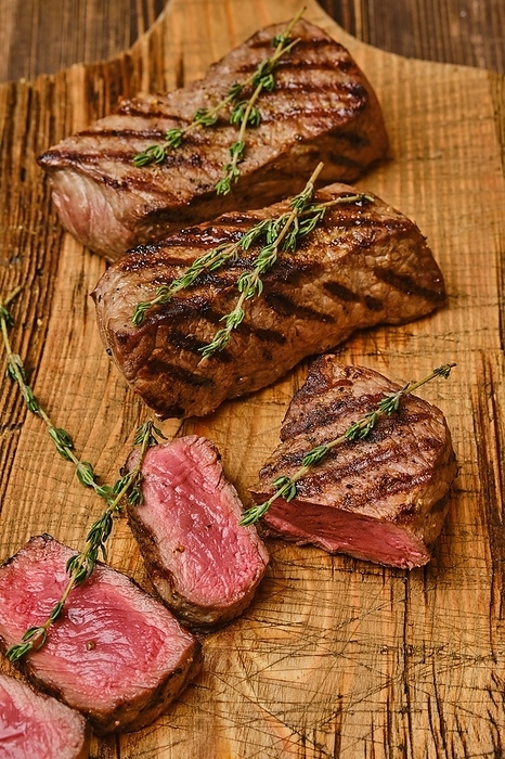 Medium rare roasted beef steak, prime top blade meat