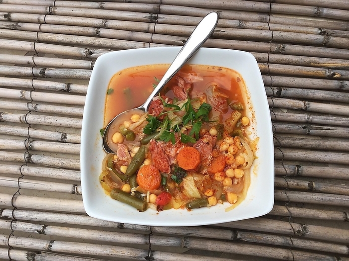 Soup Chickpea stew with chorizo sausage