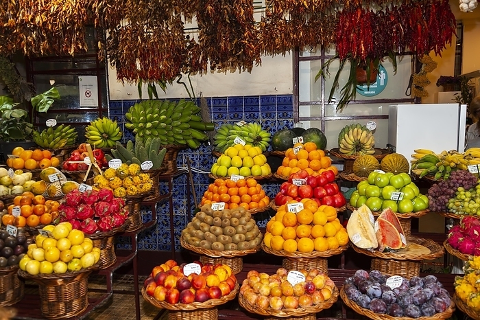 Exotic fruits, fruit and vegetable, market, market hall Mercado dos Lavradores, Funchal, Madeira, Portugal, Europe