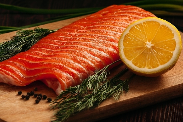 Fresh salmon piece on wooden cooking board with vegetables