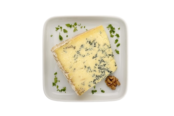 Gorgonzola cheese, blue cheese on a plate, cropped, studio shot against white background, cropped
