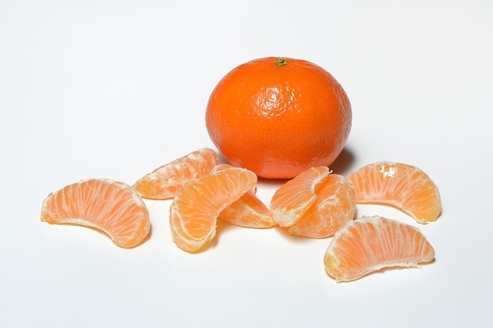 Clementine and pieces on white background, Germany, Europe