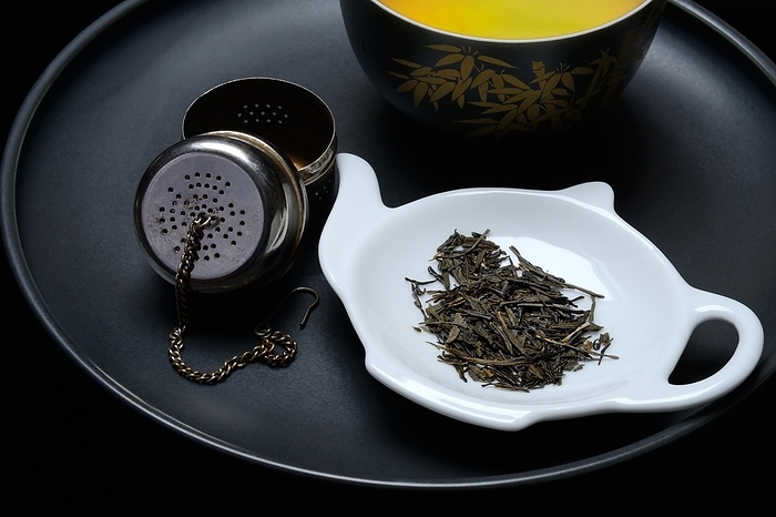 Green tea (Sencha) in small bowl and tea tray, green tea, Japan, Asia