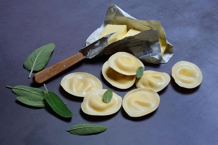 Tortellini and sage leaves, preparation for tortellini with sage butter