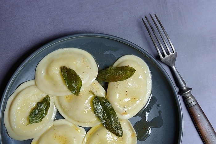 Tortellini with sage butter, roasted sage leaves