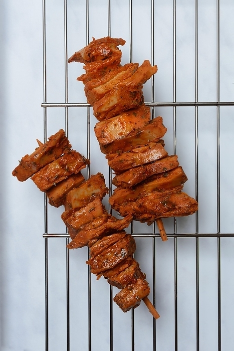 Meat substitute, plant-based barbecue skewer