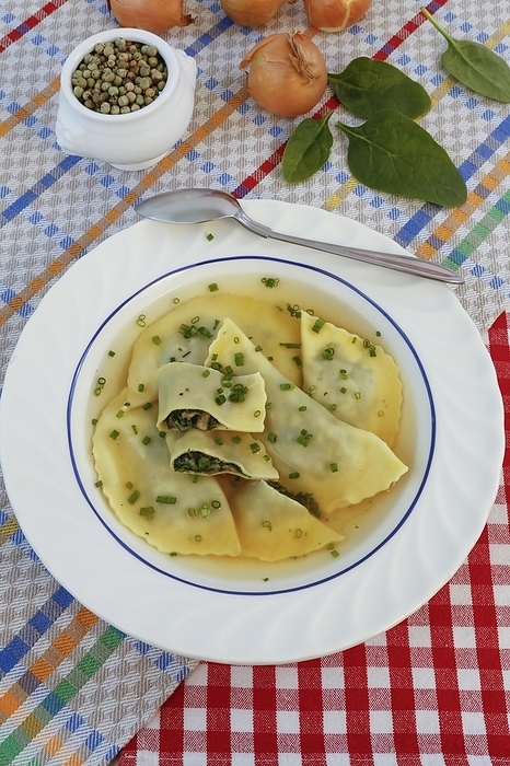 Swabian cuisine, Maultaschen in broth with chives, soup plate, spoon, green pepper, Germany, Europe