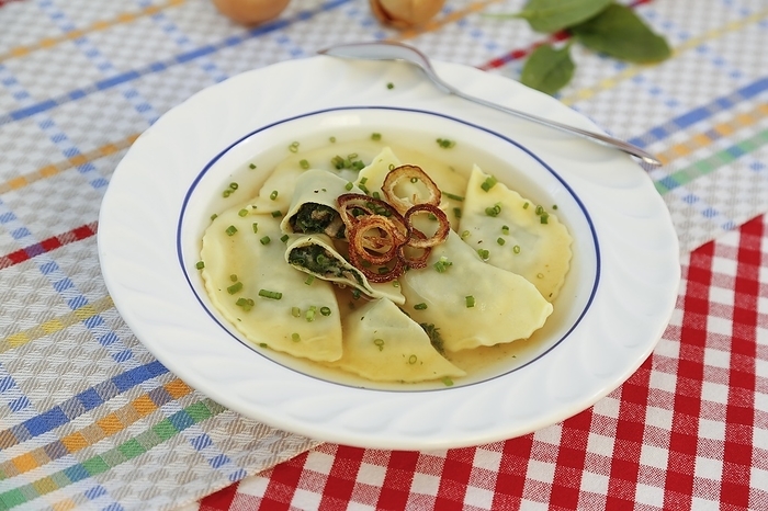 Swabian cuisine, Maultaschen in broth with stewed onion rings and chives, soup plate, spoon, Germany, Europe