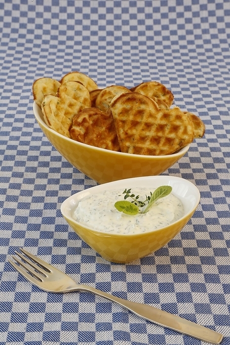 Southern German cuisine, herb curd cheese and waffles, fork, Germany, Europe