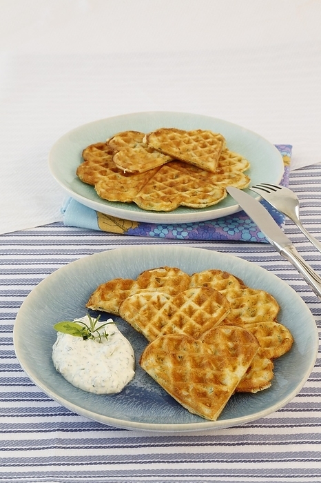 Southern German cuisine, waffles with herb curd cheese on plate, knife, fork, Germany, Europe