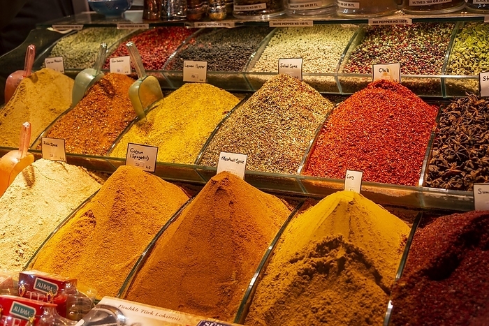 Different spices at a market stand, Spice Bazaar, Grand Bazaar, Kapali Carsi, Istanbul, Turkey, Asia