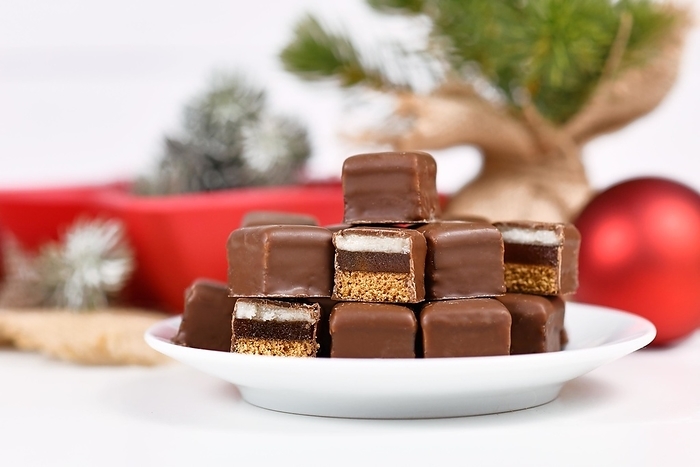 Traditional German sweets called 'Dominosteine'. Christmas candy consisting of gingerbread, jelly and marzipan layers covered with chocolate icing