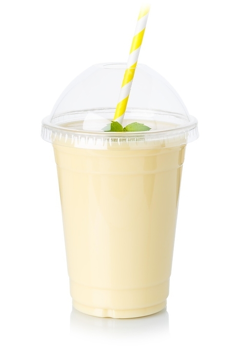 Banana smoothie drink milkshake milkshake in plastic cup, cutout, white background