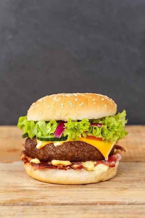 Hamburger cheeseburger fast food meal on wooden board in Stuttgart, Germany, Europe