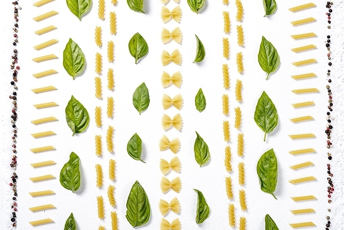 Top view pasta arrangement white background