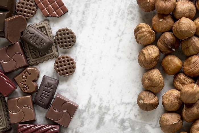 Various chocolate blocks hazelnuts white background