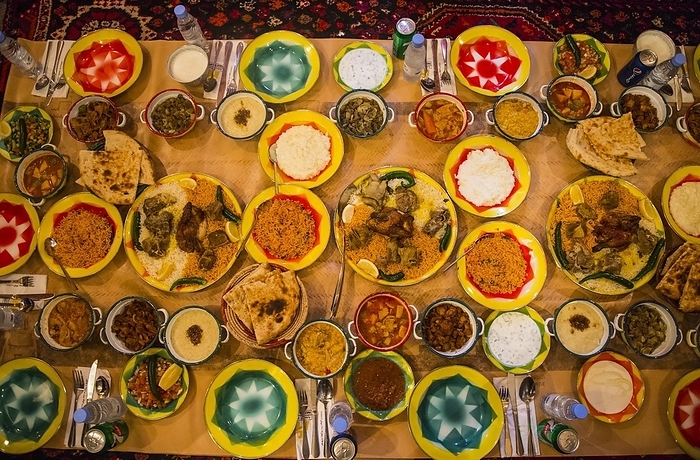 Arabic dinner set, Unesco world heritage sight Diriyah, Riadh, Saudi Arabia, Asia