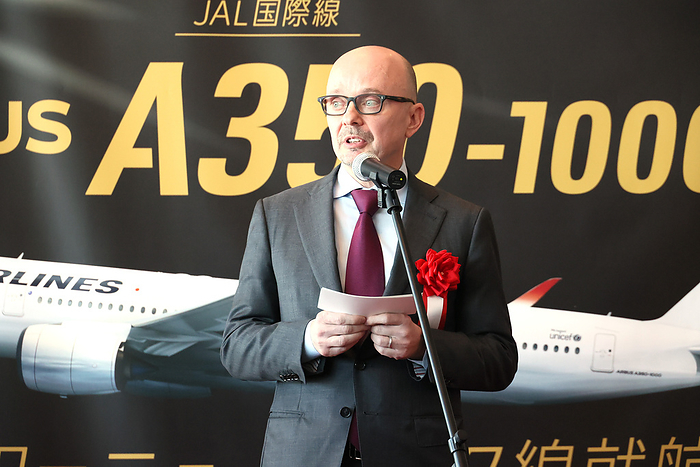Japan Airlies  JAL  launches Airbus A350 1000 for its New York route January 24, 2024, Tokyo, Japan    Airbus Japan president StephaneGinoux delivers a speech for Japan Airlines   JAL  first flight of the Airbus A350 1000 which flies to New York at the Haneda airport in Tokyo on Wednesday, January 24, 2024. JAL received two Airbis A350 1000 next generation jetliners last month.    photo by Yoshio Tsunoda AFLO 