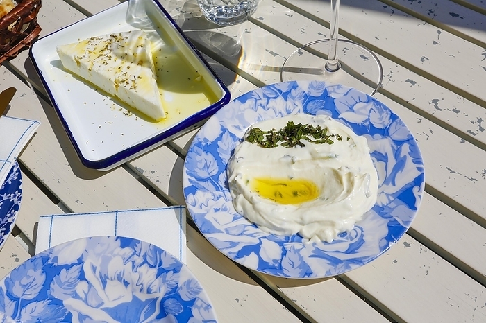 Greek cuisine, tzatziki with olive oil on a blue plate, feta cheese on the left, restaurant, pub, Germany, Europe