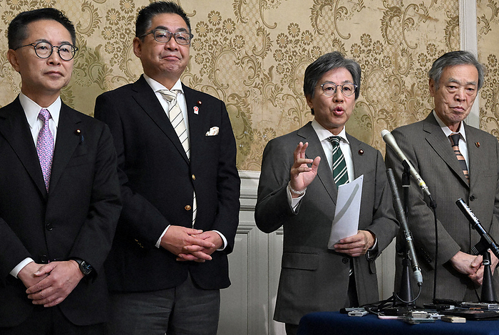 Jun Azumi, chairman of the National Diet Committee of the Democratic Party of Japan, and others interviewed by reporters after the meeting. Jun Azumi  second from right , chairman of the National Diet Committee of the Democratic Party of Japan  DPJ , and others interviewed by reporters after the meeting at 0:49 p.m. on January 24, 2024 in the Diet.
