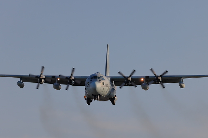 Japan Air Self Defense Force C 130 transport aircraft Saitama Photographed from outside the site Although this aircraft is essentially a transport, it has pots under both wingtips for in flight refueling.