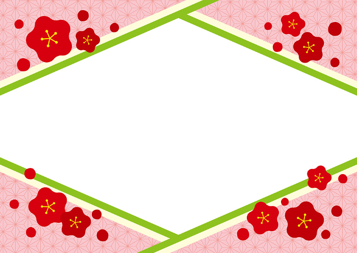 Japanese rhombus-shaped frame with warm plum blossoms / Red plum blossoms, pink background