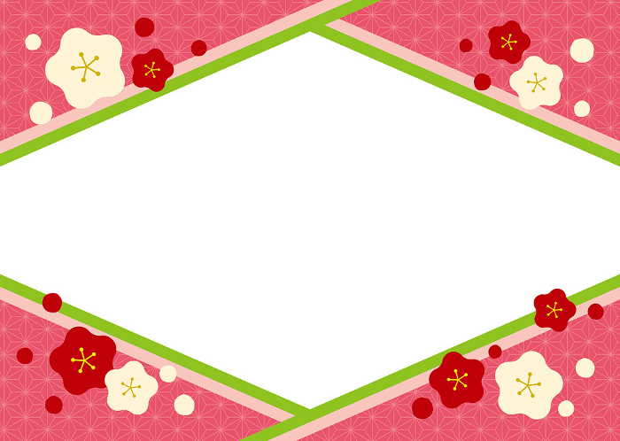 Japanese-style rhombus-shaped frame with a heartwarming plum blossom / red, white, and pink background