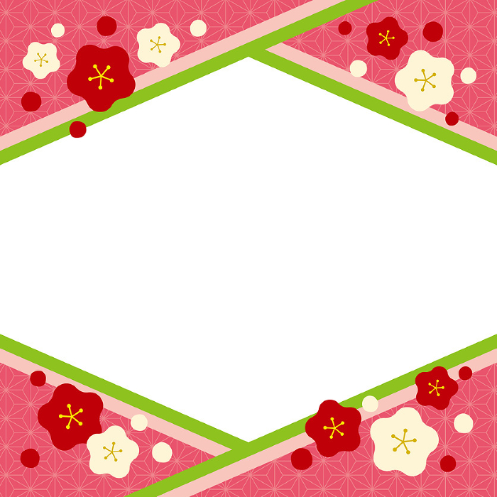 Japanese-style rhombus-shaped frame with a heartwarming plum flower / square / red, white and pink background