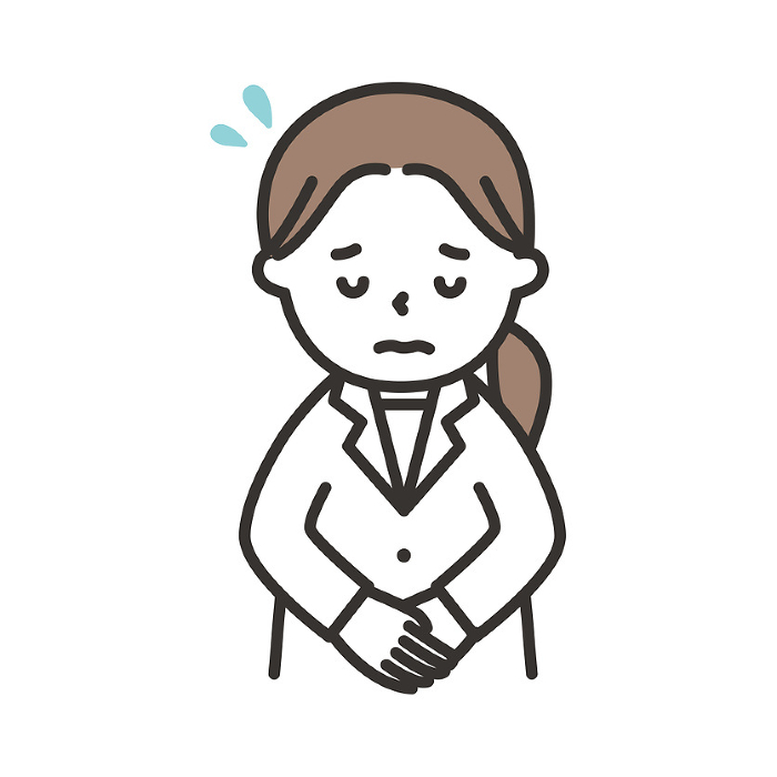 Illustration of a woman in a white coat apologizing with a troubled face
