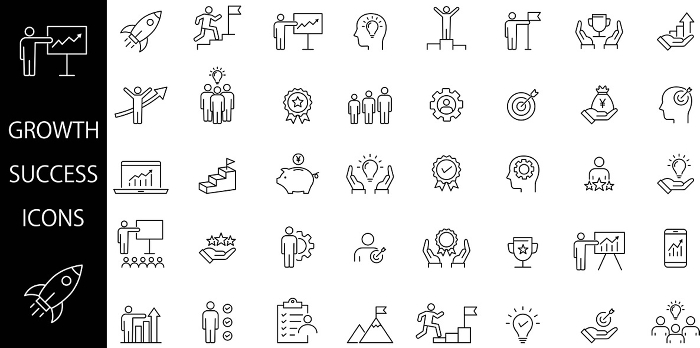 Black and white icon set of line drawings of growth and success