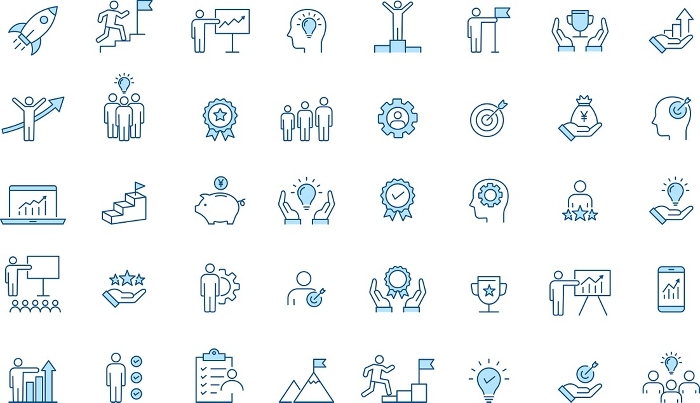 Set of icons of growth and success line drawings in two blue colors