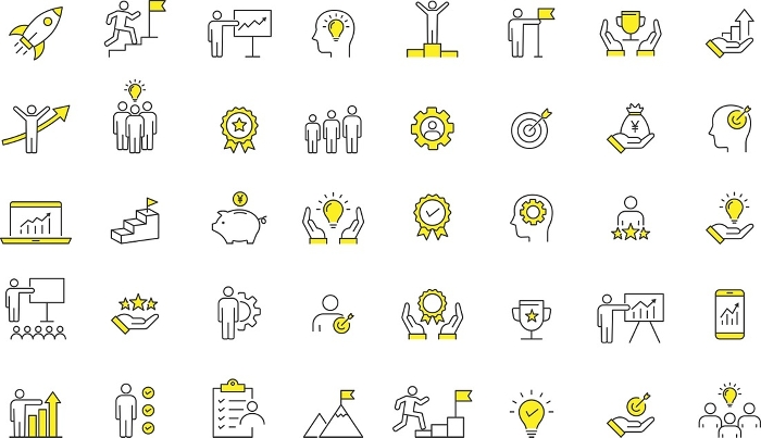 Stylish growth and success line drawing icon set