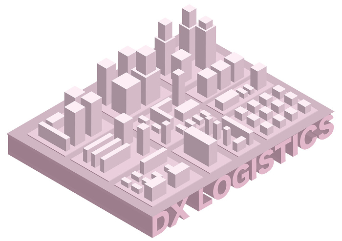 Illustration of a cityscape, logistics DX, and urban isometric composed of simple mockups Red
