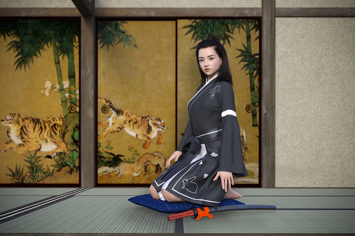A female swordsman sitting on her haunches in the guest room of a samurai mansion senses the presence of a murderous spirit.
