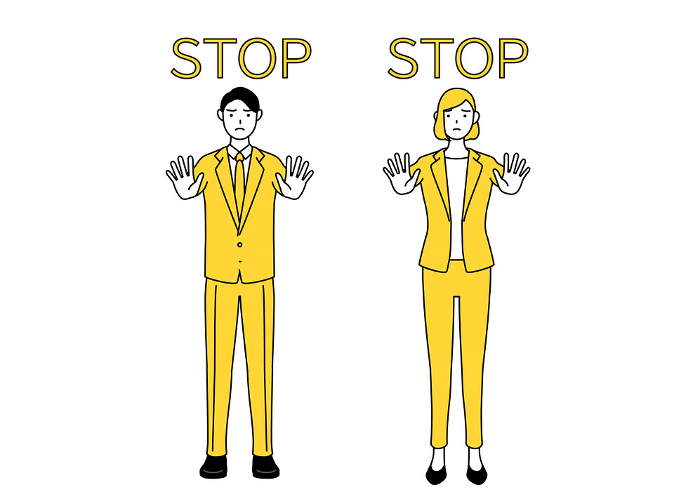 Simple line drawing illustration of a man and woman in suits with hands out in front of their bodies, signaling a stop.
