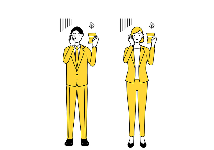 Simple line drawing illustration of a man and a woman in suits looking at a bankbook and feeling depressed.