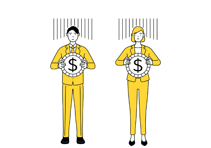 Simple line drawing illustration of a man and a woman in suits, an image of exchange loss or dollar depreciation.